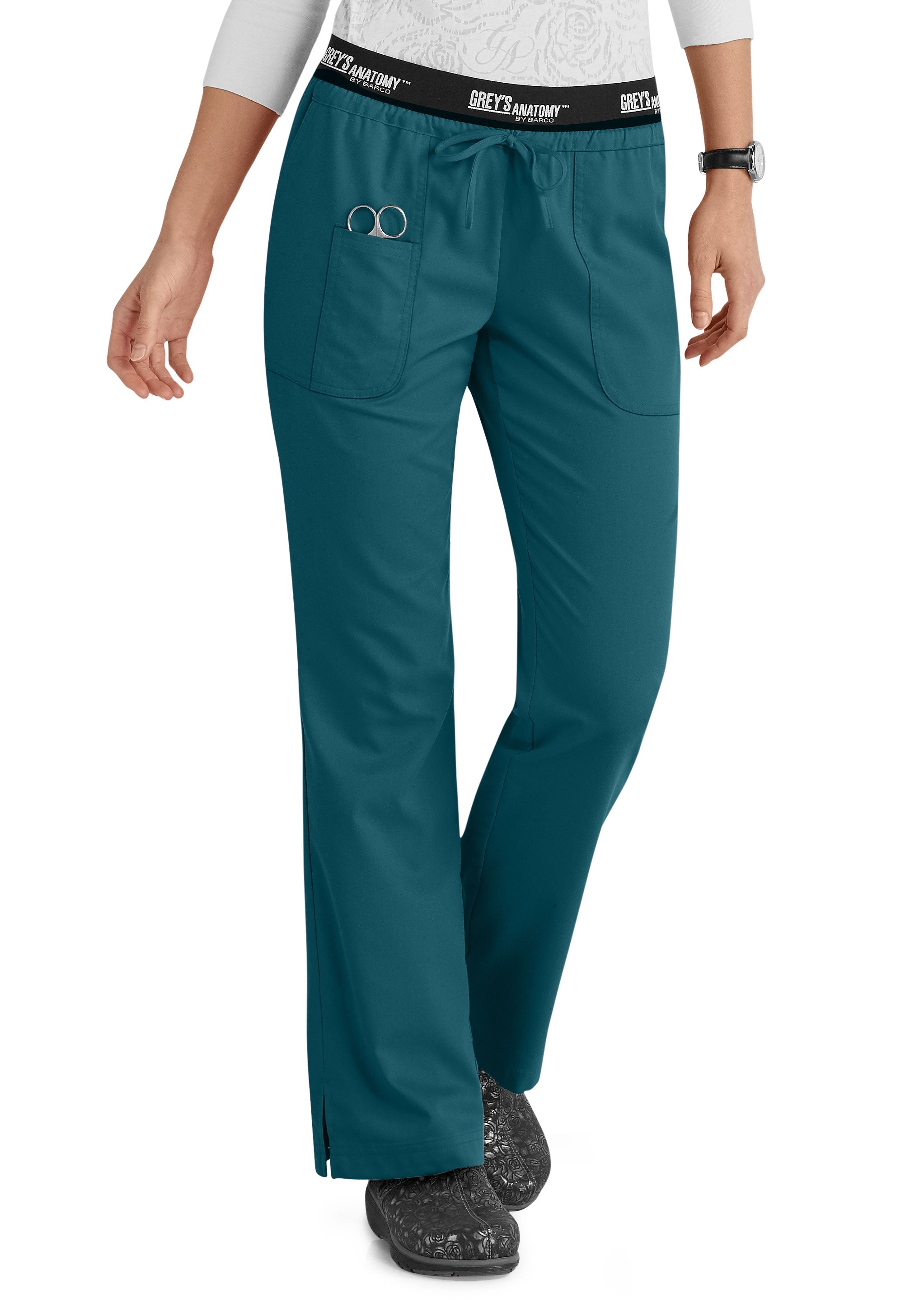 Greys Anatomy Spandex Stretch Womens 5 Pocket Logo Waist Scrub Pant  All  Med Express